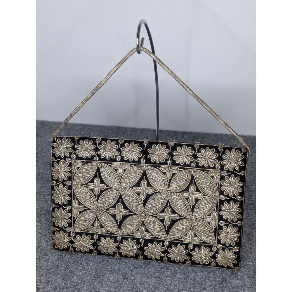 Gold/ Silver Beaded Handbag Purse Black Velvet Made In India 7.5"x9"